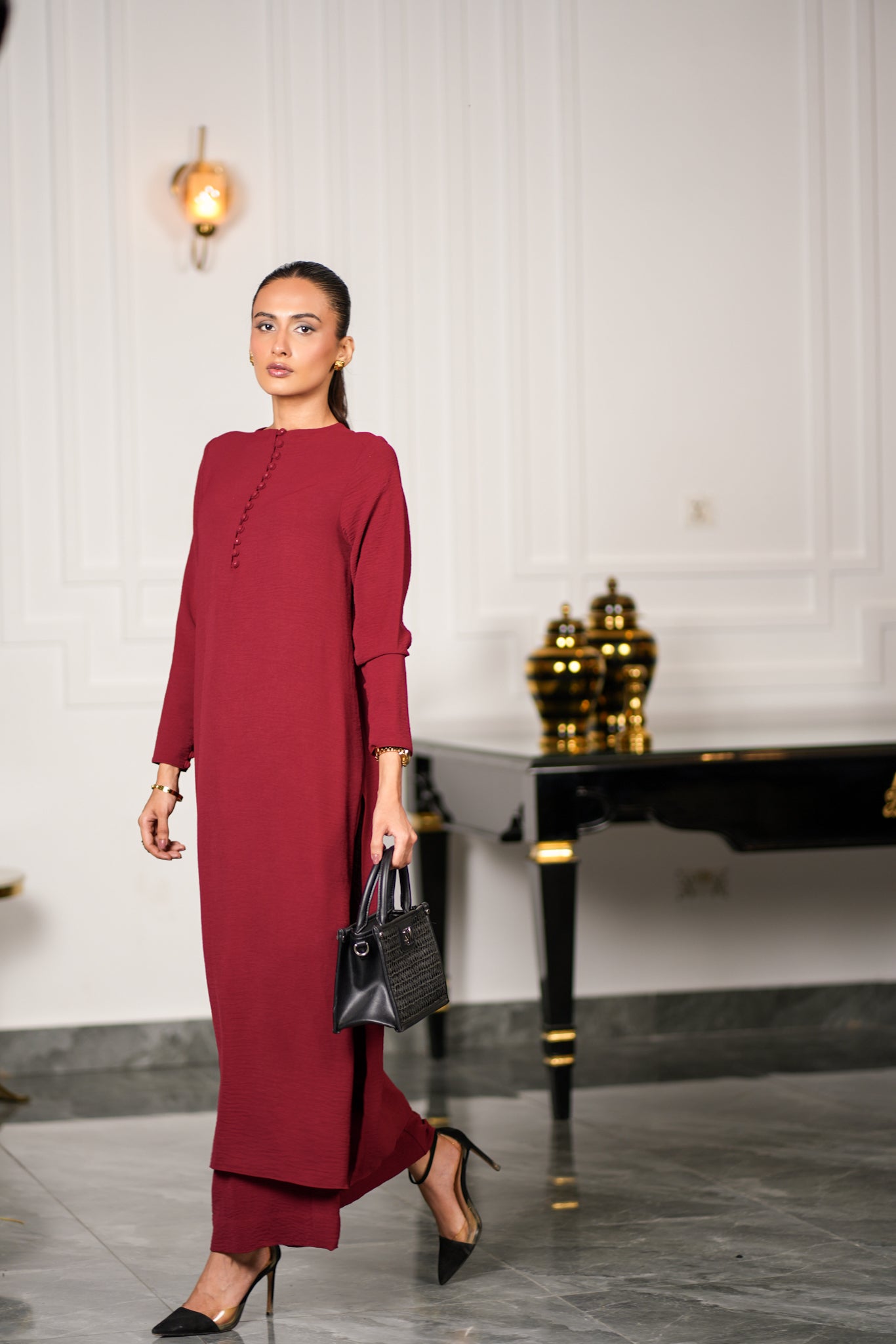 Maroon Textured Kurta Set