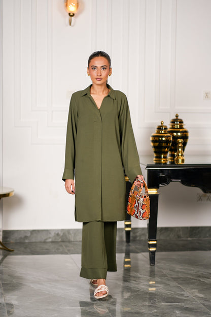 Olive Textured Kurta Set