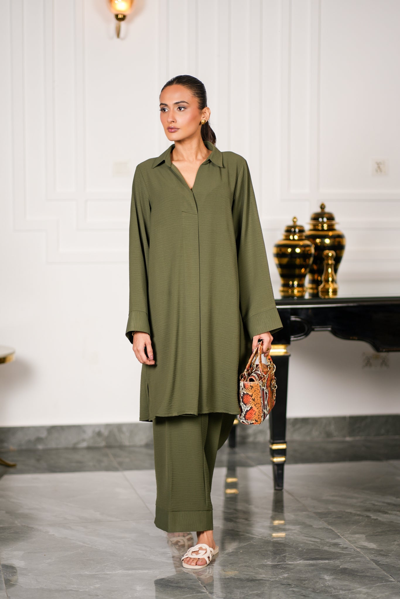 Olive Textured Kurta Set