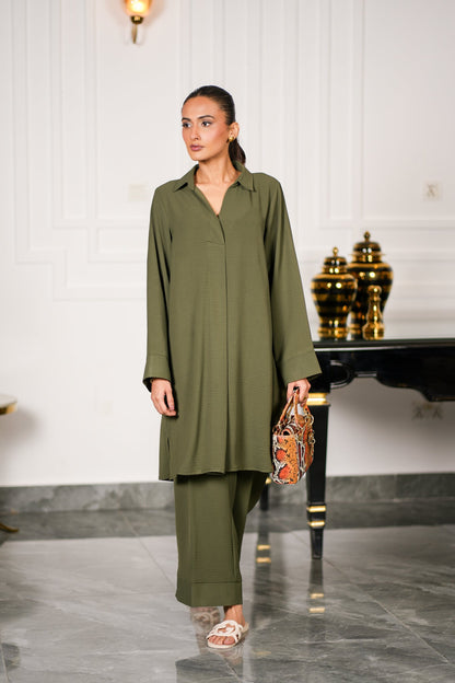 Olive Textured Kurta Set