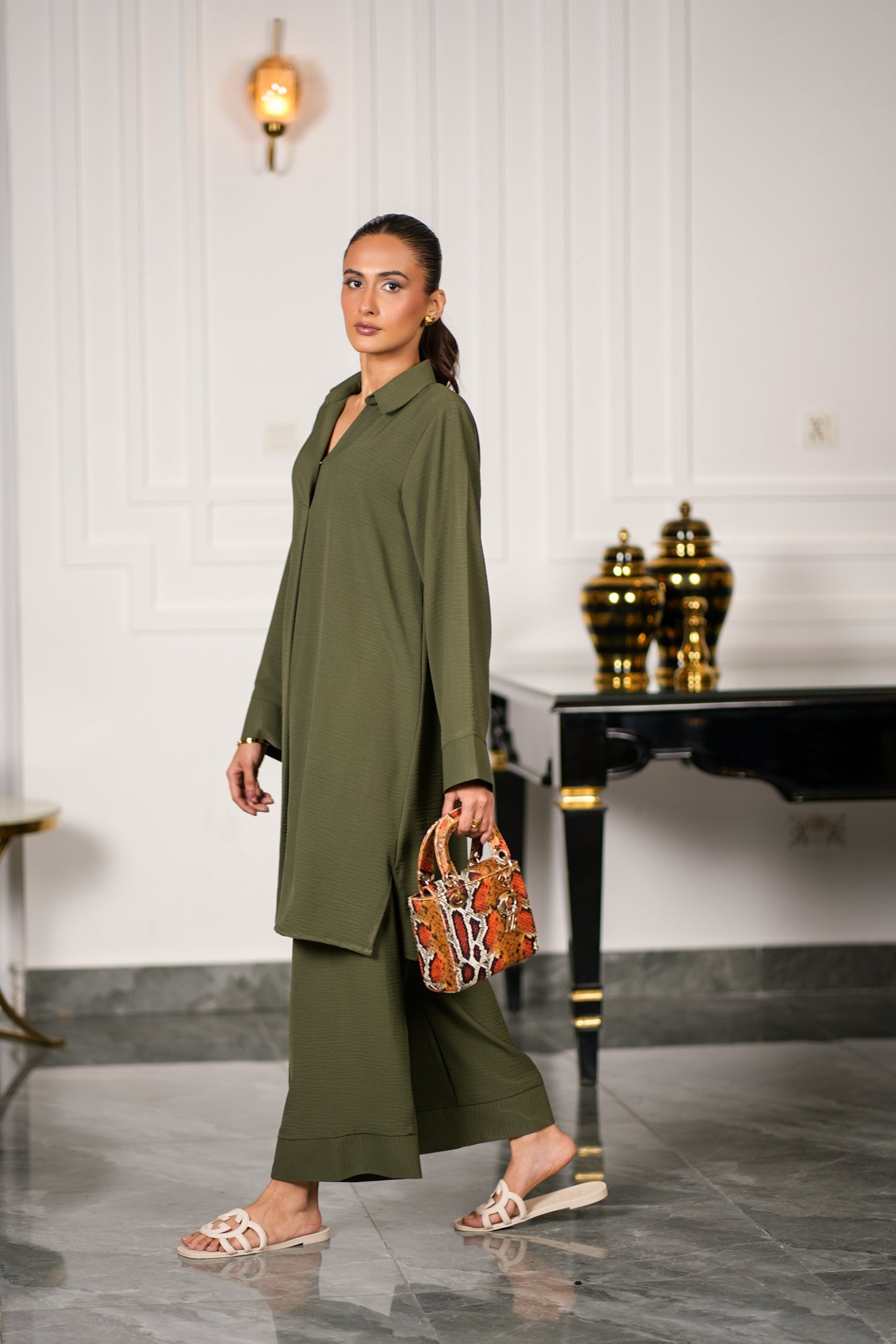 Olive Textured Kurta Set