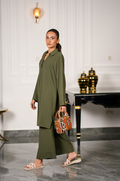 Olive Textured Kurta Set