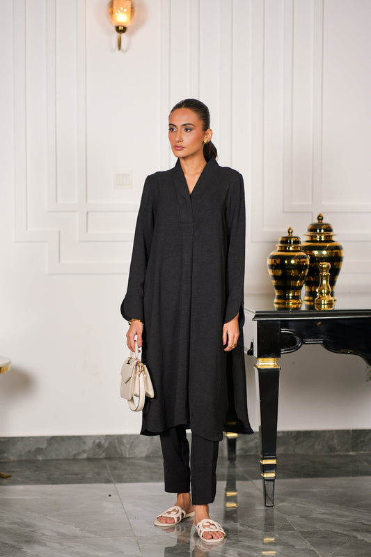 Black Textured Kurta Set